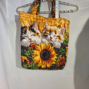 Unbranded Sleeping Calico Kittens & Sunflowers Quilted Canvas Tote Bag Multi
